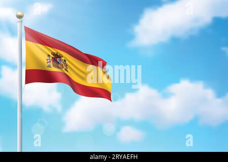 Waving flag of Spain on sky background. Template for independence day poster design Stock Vector