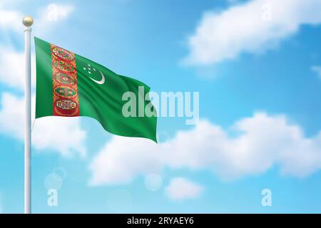 Waving flag of Turkmenistan on sky background. Template for independence day poster design Stock Vector