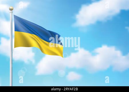 Waving flag of Ukraine on sky background. Template for independence day poster design Stock Vector