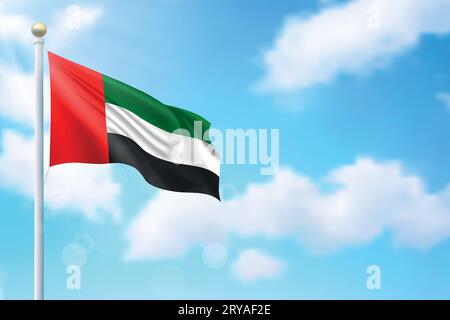 Waving flag of United Arab Emirates on sky background. Template for independence day poster design Stock Vector