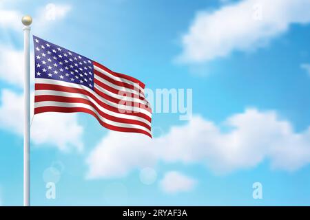 Waving flag of United States on sky background. Template for independence day poster design Stock Vector