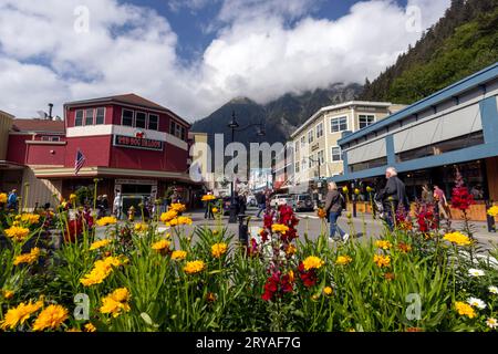 Flowers blooming in downtown Juneau in summer - Alaska, USA Stock Photo