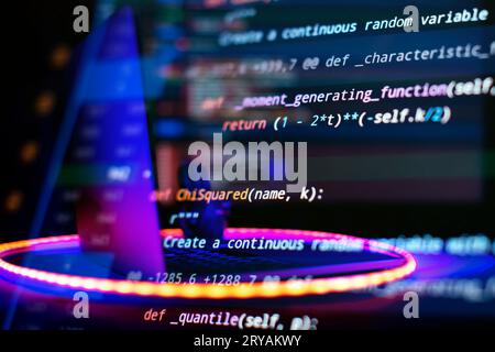 SEO optimization. Modern tech. PHP syntax highlighted. Writing programming functions on laptop. Big data and Internet of things trend. Stock Photo