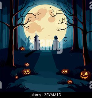 Halloween Pumpkins and Silhouettes trees in dark night forest with blue ...