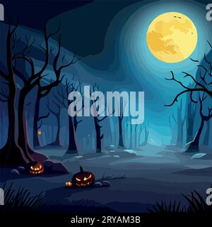 Halloween Pumpkins and Silhouettes trees in dark night forest with blue ...