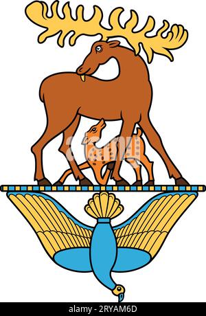 Elk with Calf and Dove. Ancient Scythian symbol. Vector clipart isolated on white. Stock Vector
