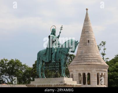 Budapest, B, Hungary - August 18, 2023: Equestrian Statue of Stephen i first king of Hungary in fishermans Bastion in BUDA Stock Photo