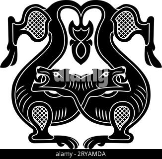 Battling Wolves Silhouette. Ancient Sign, Badge. Vector clipart isolated on white. Stock Vector