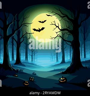 Halloween Pumpkins and Silhouettes trees in dark night forest with blue tint fog. Fantastic mysterious landscape. Foggy forest background. Paranormal, mystical concept. Vector illustration. Stock Vector