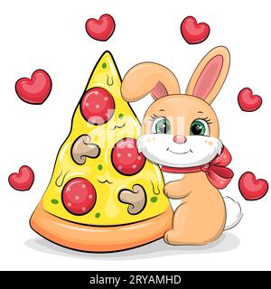 Cute cartoon rabbit with a red bow and a big piece of pizza. Vector illustration of animal on a white background with red hearts. Stock Vector