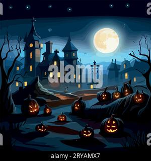 Halloween Pumpkins and Silhouettes trees in dark night forest with blue ...