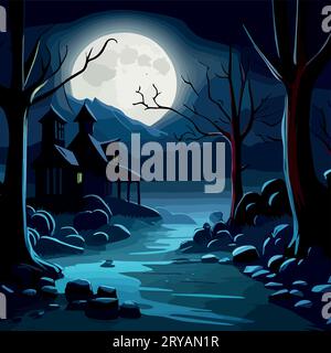 Halloween scene. Night Mysterious Misty Forest with glowing pumpkins against the background of the full moon, vector illustration of halloween Stock Vector