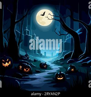 Halloween Pumpkins and Silhouettes trees in dark night forest with blue tint fog. Fantastic mysterious landscape. Foggy forest background. Paranormal, mystical concept. Vector illustration. Stock Vector