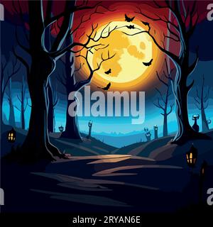 Halloween Pumpkins and Silhouettes trees in dark night forest with blue tint fog. Fantastic mysterious landscape. Foggy forest background. Paranormal, mystical concept. Vector illustration. Stock Vector