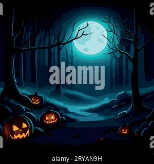 Halloween Pumpkins and Silhouettes trees in dark night forest with blue ...