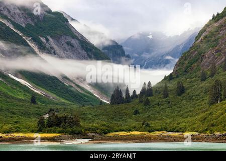 Dramatic foggy landscape in Tracy Arm Fjord near Juneau, Alaska, USA Stock Photo