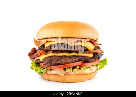 Classic hamburger with grilled meat, isolated on white background. Stock Photo