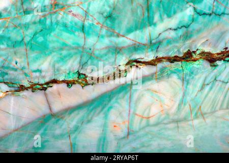 Large format texture, turquoise quartzite with brown veins and beige flecks Stock Photo