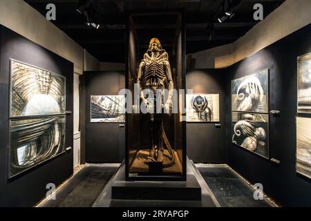 HR Giger Museum at Saint Germain Castle in Gruyeres. The museum exhibits a large number of Giger's most important works from the various creative periods. In addition to key works such as "The Spell" and "Passages", there are also many works from film design. These include "Alien" and "Alien 3", "Dune", "Species", "Poltergeist 2" and "The Mystery of San Gottardo". HR Giger Museum in Épagny Greyerz, Switzerland Stock Photo