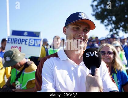 Team Europe's Ludvig Aberg during the foursomes on day two of the 44th Ryder Cup at the Marco Simone Golf and Country Club, Rome, Italy. Picture date: Saturday September 30, 2023. Stock Photo