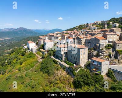 Aerial drone view of Sartenes, the most Corse village, on Corsica island, France Stock Photo
