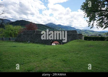 View of Bruck an der Mur from Schlossberg  through peephole in castle wall Stock Photo