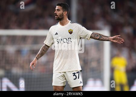 Leonardo Spinazzola of AS Roma gestures during the Serie A football match between Genoa CFC and AS Roma. Stock Photo