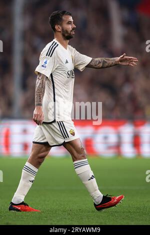 Leonardo Spinazzola of AS Roma gestures during the Serie A football match between Genoa CFC and AS Roma. Stock Photo