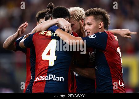 Morten Thorsby of Genoa celebrates with his team-mates after