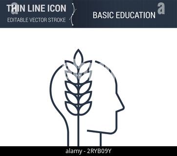 Symbol of Basic Education Thin line Icon of Brain Process. Stroke Pictogram Graphic Suitable for Infographics. Editable Vector Stroke. Premium Mono Li Stock Vector