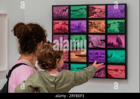 London, UK. 29th Sep, 2023. Susan Hiller, Rough Version, 2012/14, £15,000, The Timothy Taylor Gallery in the Crossing Borders exhibition - The British Art Fair returns to the Saatchi Gallery. Top dealers from London and across the UK gather to present the best Modern British and Contemporary art and give specialist advice on collecting. It runs from 28 September to 1 October 2023. Credit: Guy Bell/Alamy Live News Stock Photo