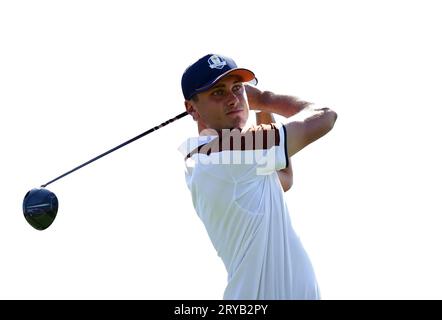 Team Europe's Ludvig Aberg during the fourballs on day two of the 44th Ryder Cup at the Marco Simone Golf and Country Club, Rome, Italy. Picture date: Saturday September 30, 2023. Stock Photo