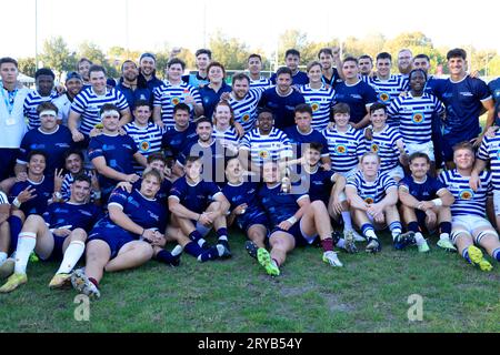 Pessac, France. September 28, 2023. On the sidelines of the 2023 Rugby World Cup, the 2023 World University Rugby Invitational Tournament (WURIT) took place near Bordeaux. The men's university rugby team from Cape Town in South Africa (in blue and white stripes) wins the World University Rugby Invitational Tournament (WURIT). The men's university rugby team from Cape Town in South Africa (in blue and white stripes) wins the World University Rugby Invitational Tournament (WURIT)  against the French team from the University Stock Photo