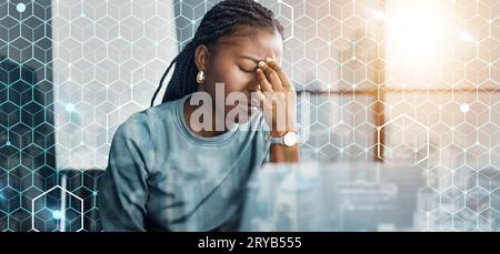 Business woman, headache and stress on computer for network mistake, coding and grid or data overlay. Sad employee or programmer with depression Stock Photo