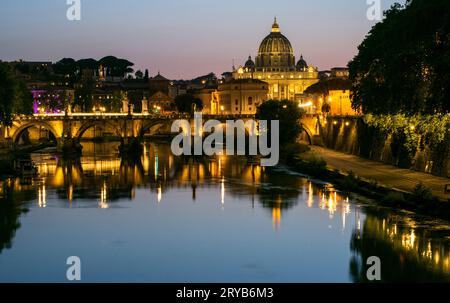 Evening view on San Pietro cathedral from the Tiber river in Rome, Italy Stock Photo
