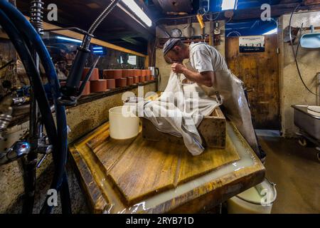 In summer, visitors to the Moléson-sur-Gruyères Alpine cheese dairy can experience how cheese is made. Moléson in the canton of Fribourg, Switzerland Stock Photo