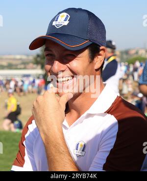 Rome, Italy. 30th Sep, 2023. Team Europe's Viktor Hovland celebrates after winning his match on the 11th green on the second day of the Ryder Cup at Marco Simone Golf Club, Rome, Italy on Saturday, September 30, 2023. Photo by Hugo Philpott /UPI Credit: UPI/Alamy Live News Stock Photo