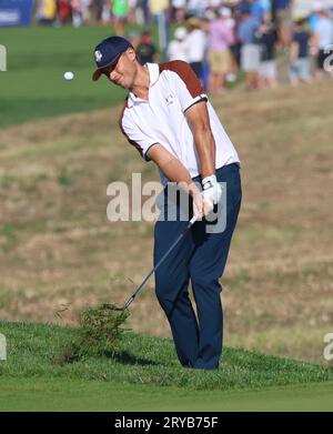 Rome, Italy. 30th Sep, 2023. Team Europe's Ludwig Aberg chips onto the 11th green on the second day of the Ryder Cup at Marco Simone Golf Club, Rome, Italy on Saturday, September 30, 2023. Photo by Hugo Philpott /UPI Credit: UPI/Alamy Live News Stock Photo