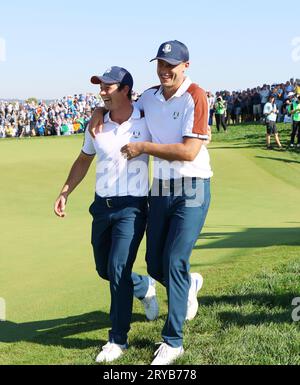 Rome, Italy. 30th Sep, 2023. Team Europe's Viktor Hovland and Ludwig Aberg celebrate together after winning their match on the 11th green on the second day of the Ryder Cup at Marco Simone Golf Club, Rome, Italy on Saturday, September 30, 2023. Photo by Hugo Philpott /UPI Credit: UPI/Alamy Live News Stock Photo