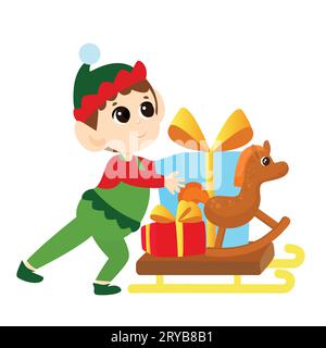 An elf boy carries a sleigh with Christmas presents. The child is happy and dressed in a traditional elf costume. Festive illustration. Stock Vector