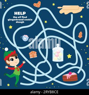 Maze game for kids Help the elf find the gingerbread cookie dough. Worksheet for kindergartens and schools. A Christmas game with a cute character. Stock Vector