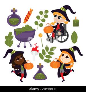 Halloween Set characters and cartoon style attributes is isolated on a white background. Witch children and a child in a wheelchair. Stock Vector