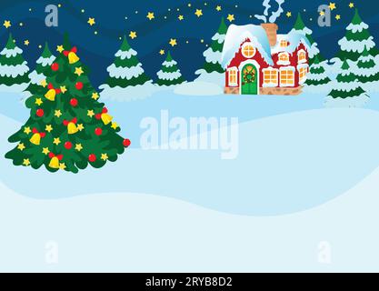 Night or evening on the eve of Christmas and the cozy house of Santa Claus among the fir trees. Christmas trees and the roof are covered with snow. Stock Vector
