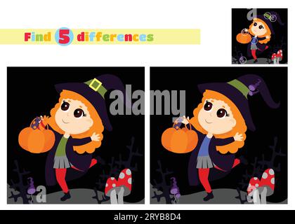 Find the differences.A little red-haired witch cheerfully runs with a basket of pumpkins for sweets against the backdrop of bushes and fly agaric mush Stock Vector