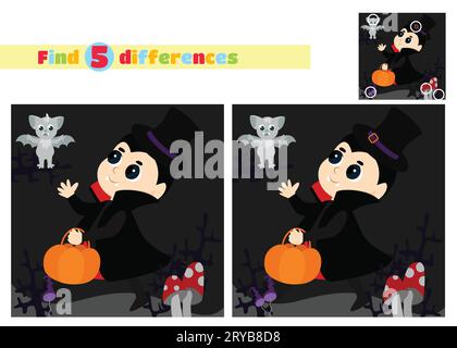 Find the differences. A little boy dressed in a vampire costume cheerfully runs with a basket of pumpkins against the background of bushes. Stock Vector