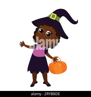 A witch in a hat and costume with a basket in her hands. Halloween character design in cartoon style isolated on white background. Stock Vector