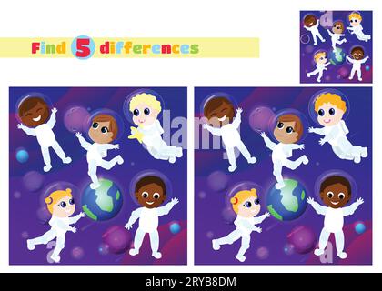Find the differences. A group of multicultural children in astronaut costumes are in outer space. They have fun against the backdrop of Planet Earth. Stock Vector