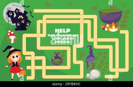 Help the little witch find the potion. Maze for children on Halloween. Cartoon positive characters. Stock Vector