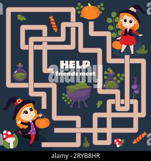 Maze game for children Help the witches meet. A Halloween game with a cute character. Worksheet for kindergartens and schools. Stock Vector