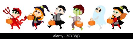 Set of little cute kids in devil costume, zombie, witch, vampire and ghost walk with baskets in their hands. Halloween illustration in cartoon style i Stock Vector